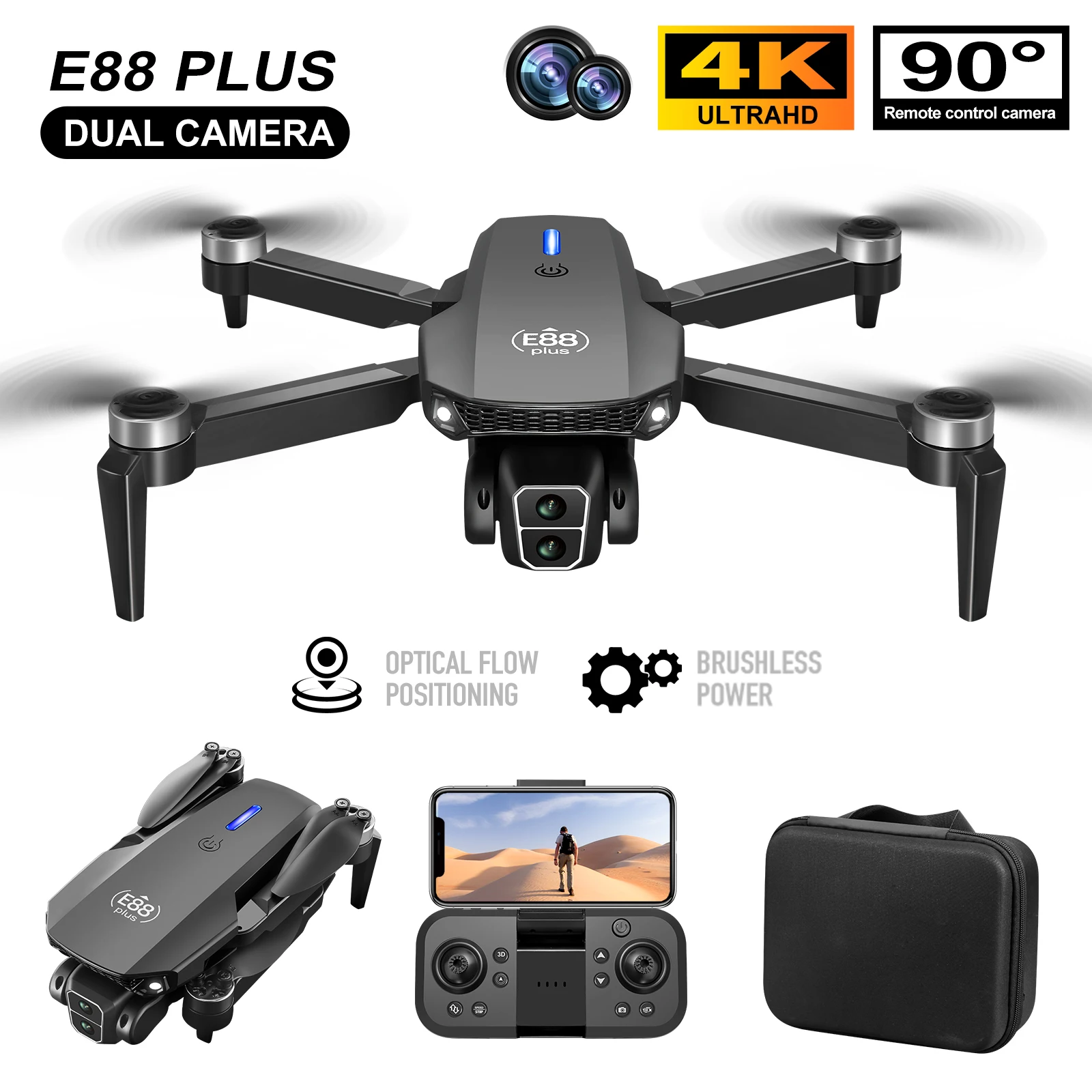 Drone Camera Hd - Novo drone quadricóptero E88 Plus: 90